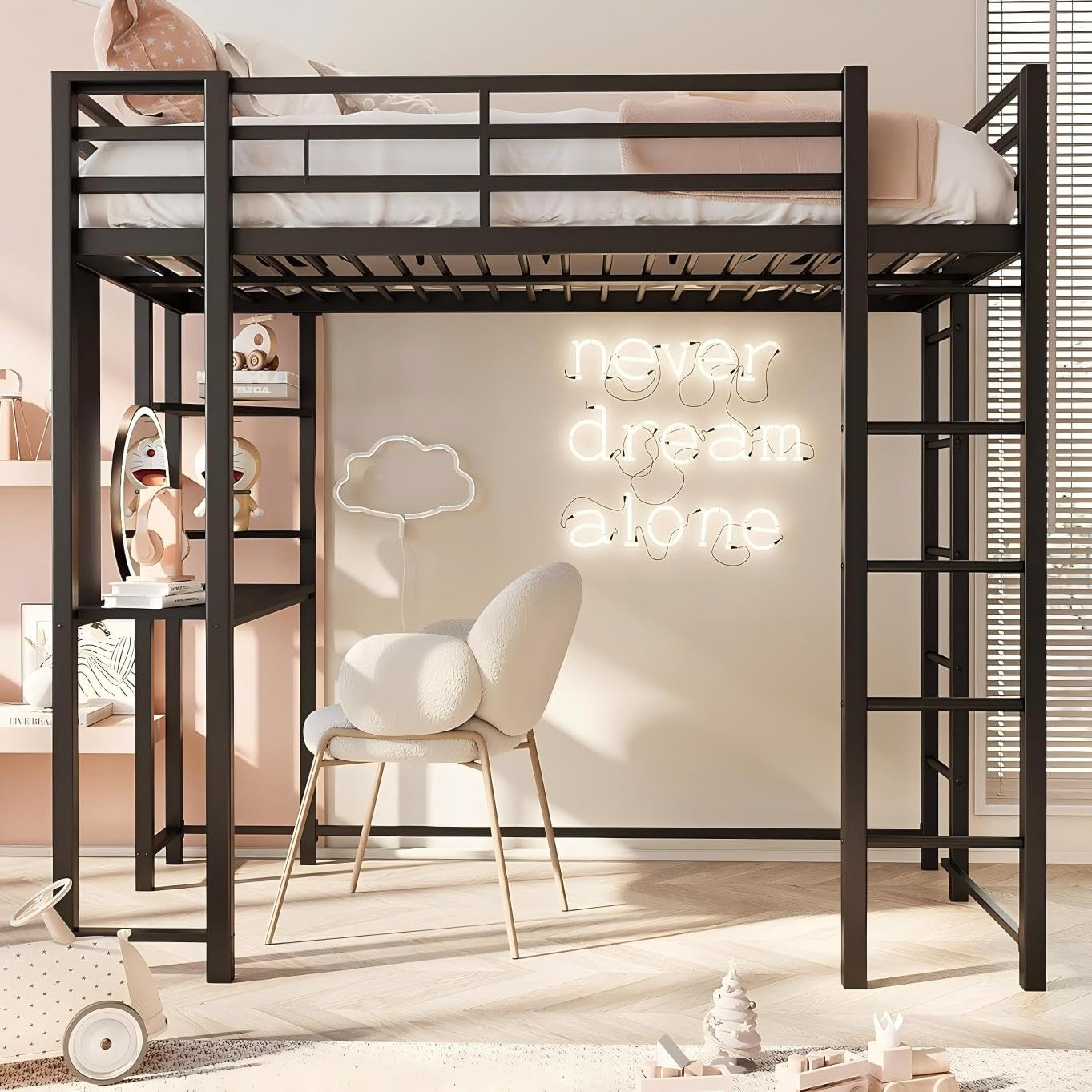 Loft Bed Full Size with Desk and Safety Guard Rail, Full Size Metal Bed Frame