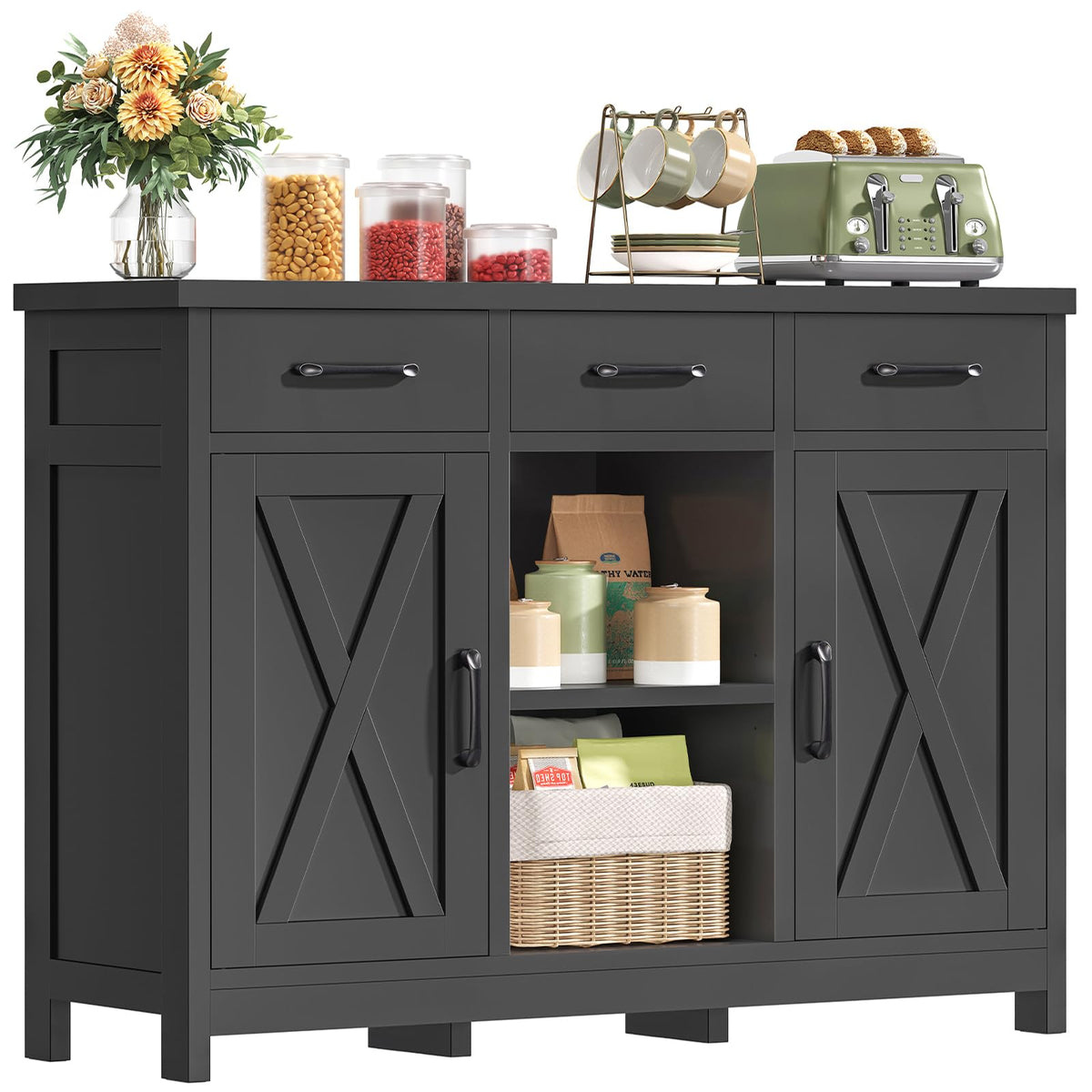 Farmhouse Coffee Bar Cabinet with 3 Drawers & Storage
