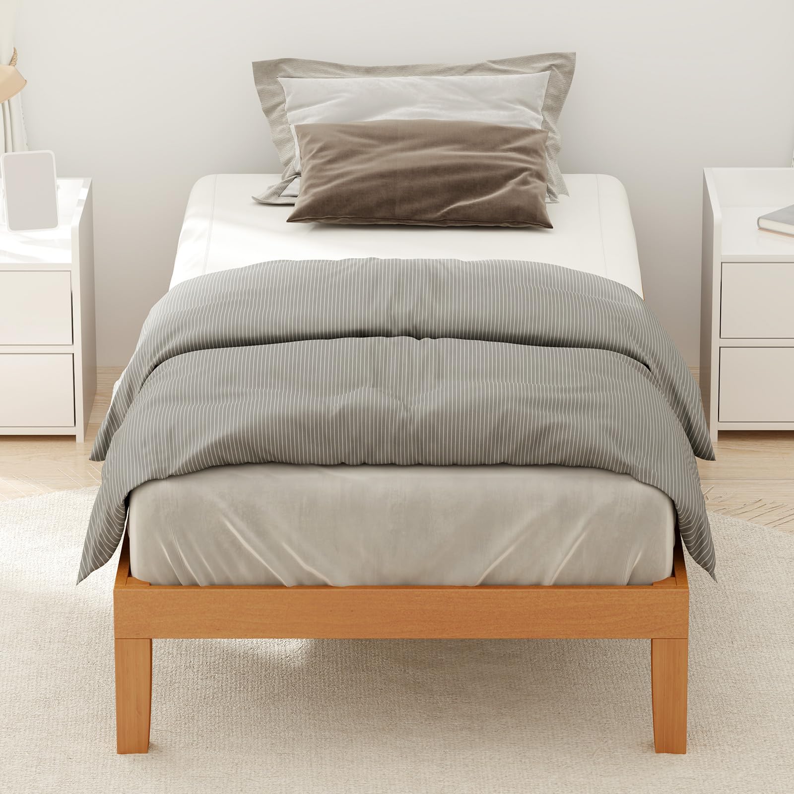 12 Inch Solid Wood Platform Bed, Twin Size Bed Frame with Wood Slat Support