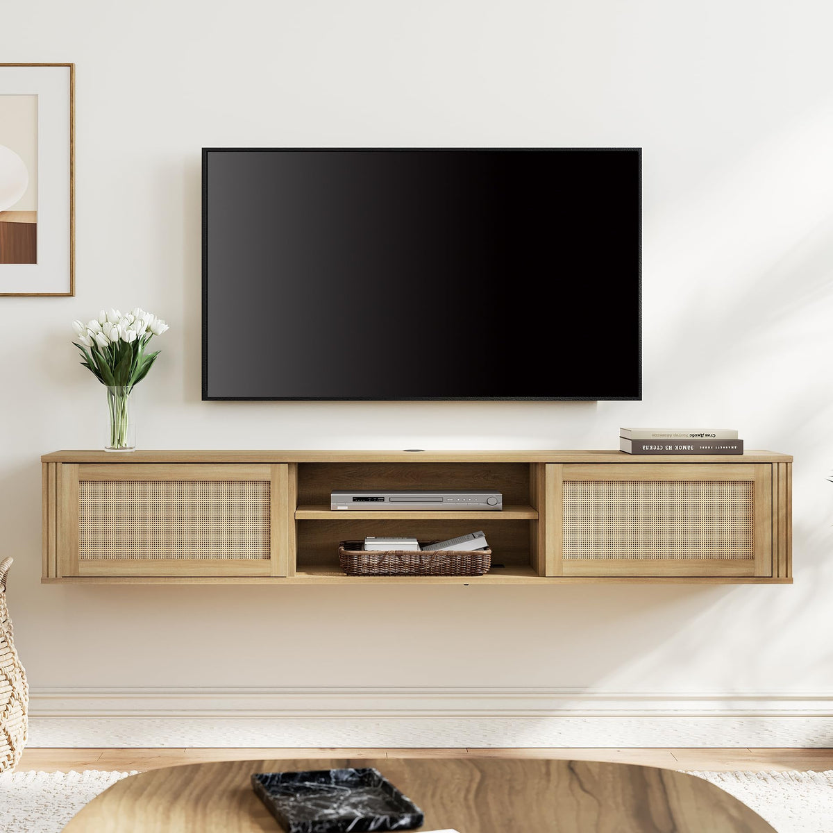 70" Floating TV Stand with Power Outlet & Rattan Doors