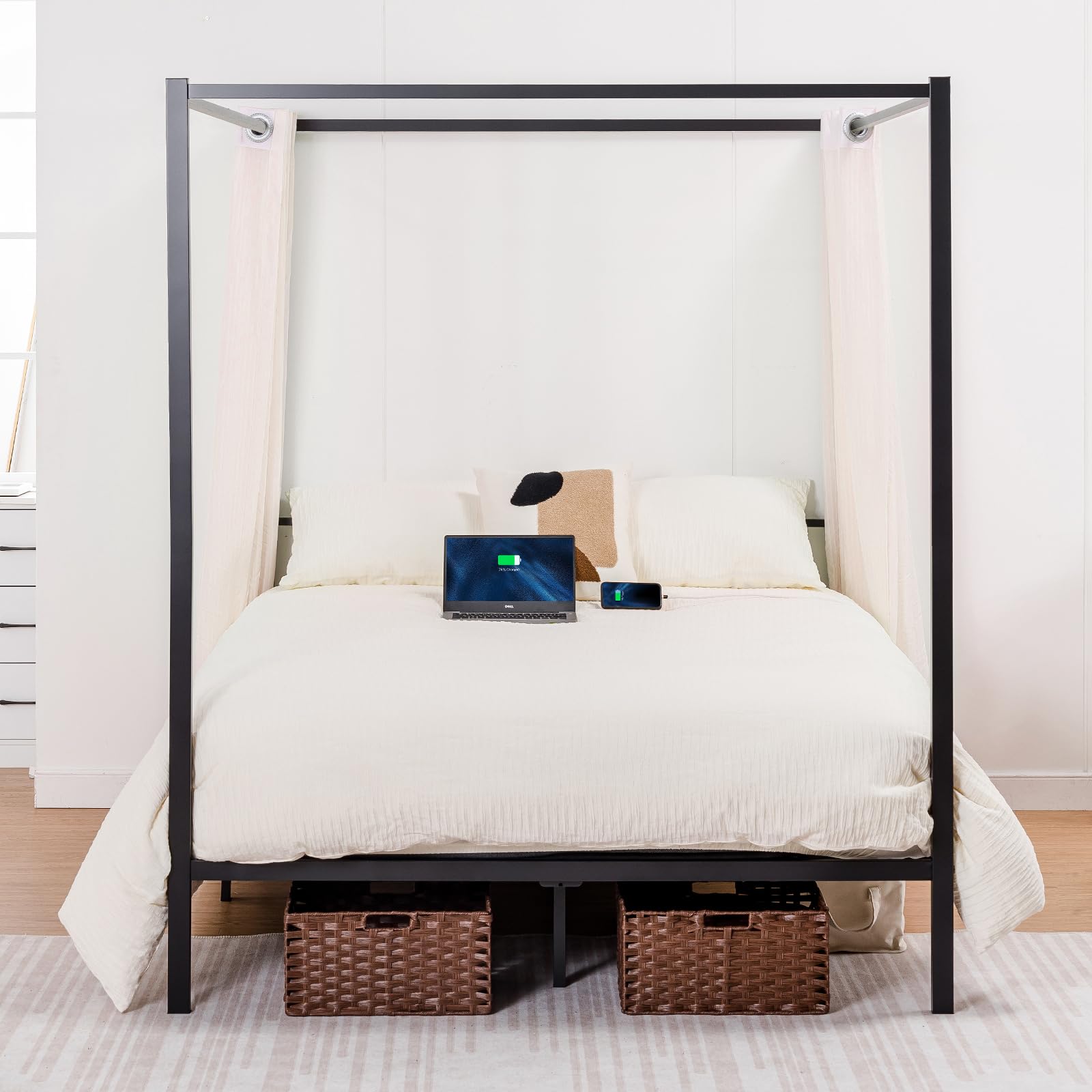 Canopy Bed Frame, Metal Bed with Movable Charging Station, Elegant Four-Poster Design