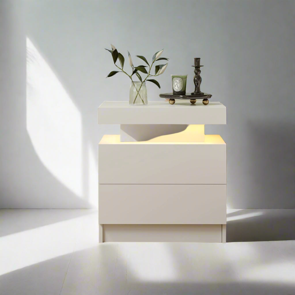White Nightstand LED Bedside Table for Bedroom Modern Night Stand