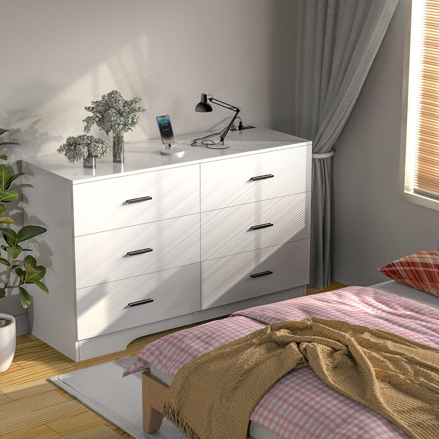Dresser with Power Outlets Wooden 6 Drawer Dresser
