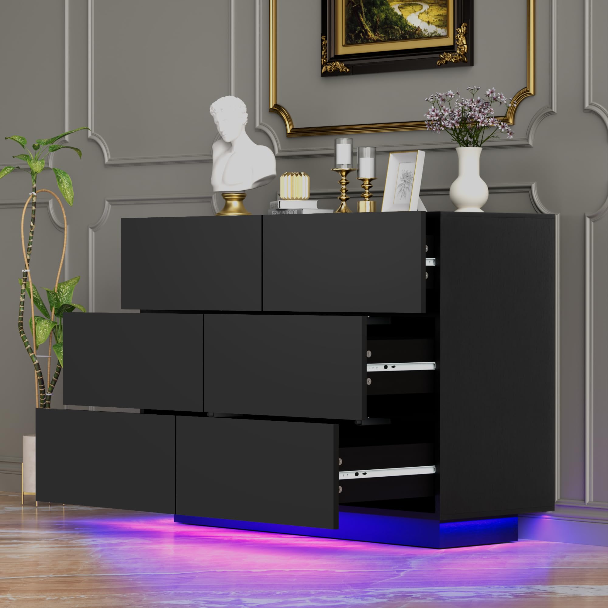 6 Drawer Dresser for Bedroom, Floating Black Dresser Chest of Drawer with LED Light