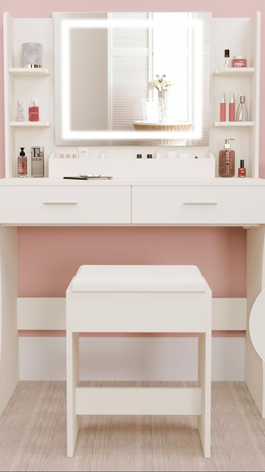 Makeup Vanity Table for Girls, Vanity Set with Mirror and Stool and Lights