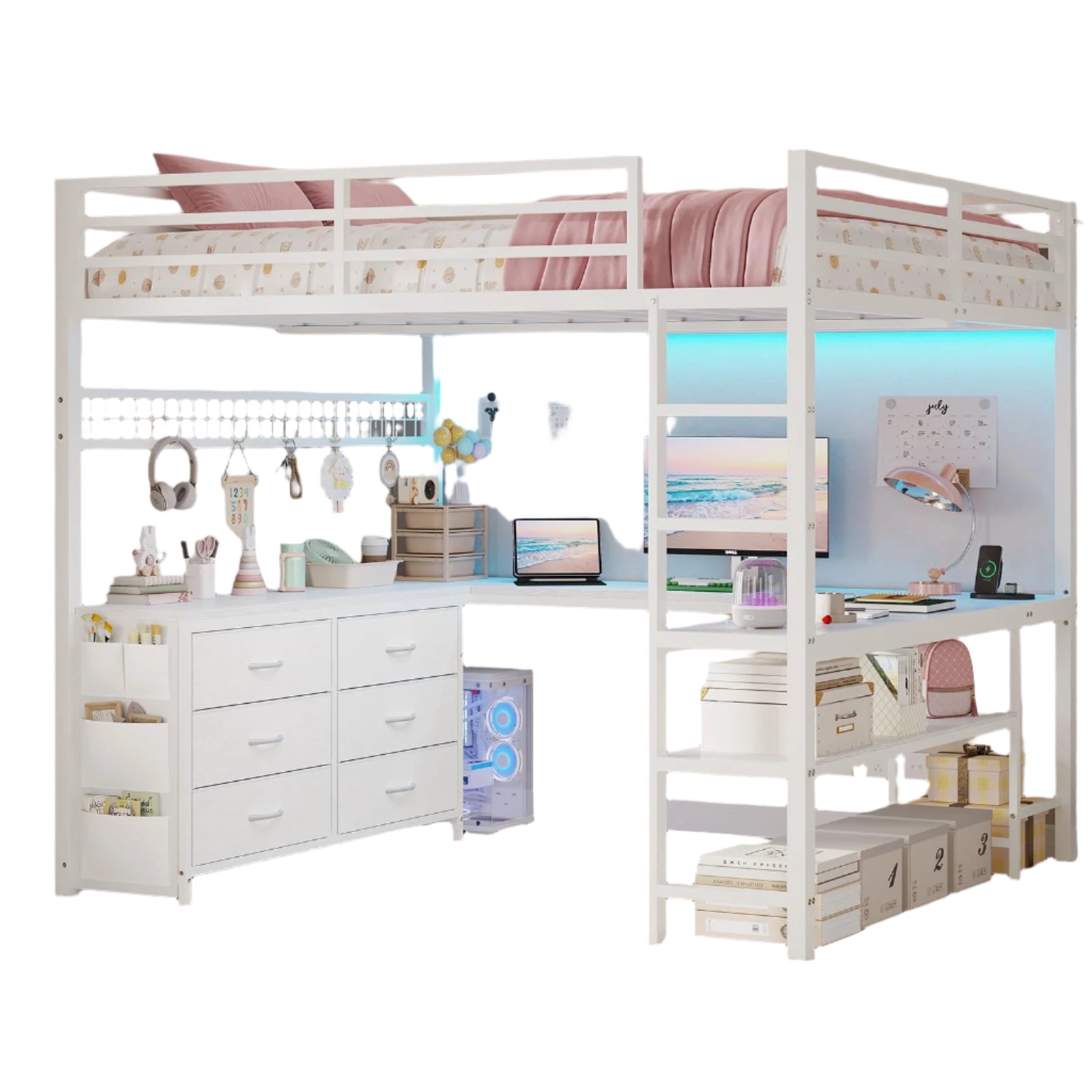 Loft Bed Full Size with U-Shaped Desk, 6 Storage Drawers, Power Outlet