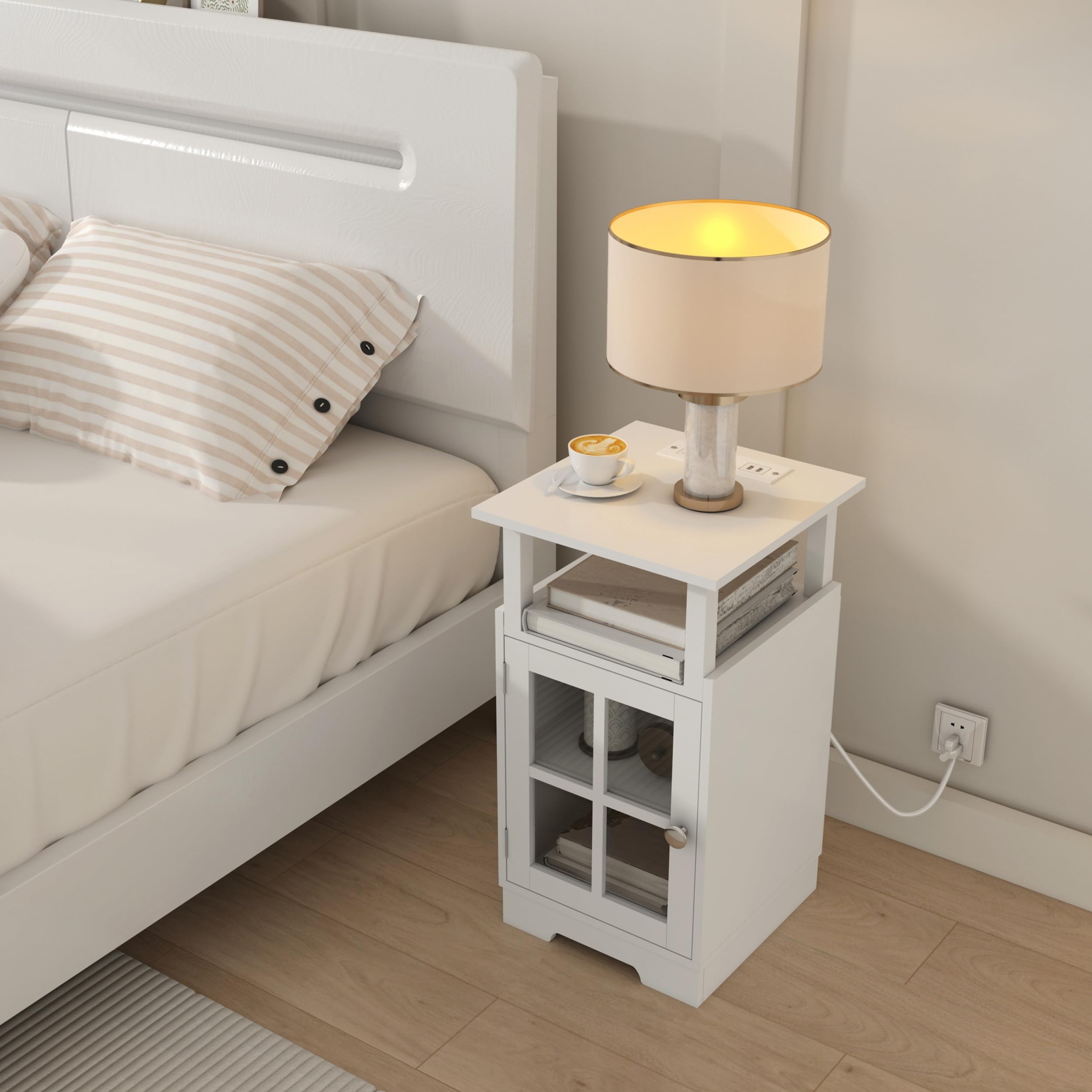 Nightstand with Charging Station,White End Table Modern Side Table