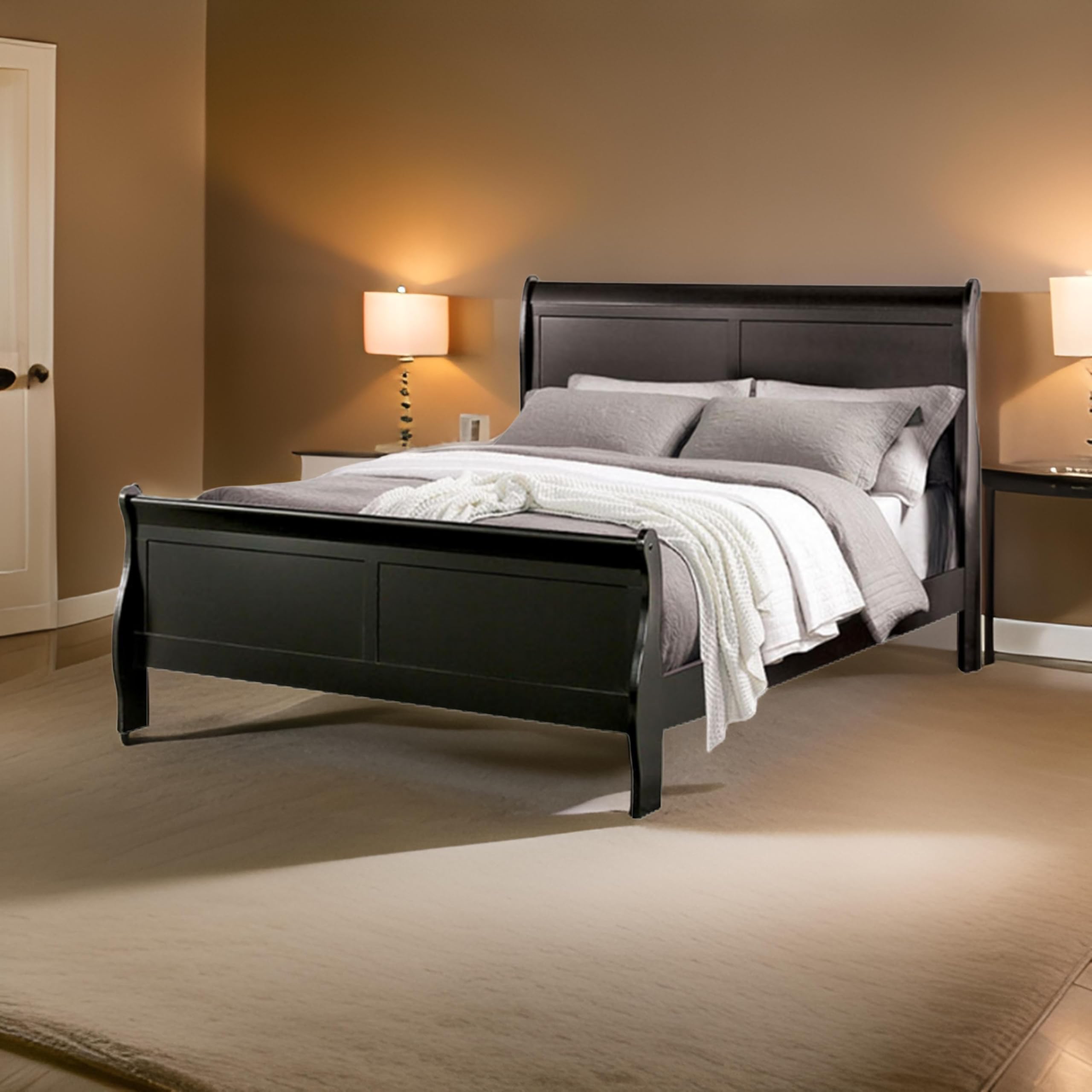 RYLA Queen Size Bed, Classic Sleigh Panel Headboard, Black Solid Wood