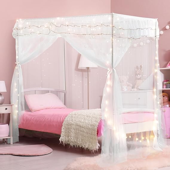 Twin Size Bed Canopy with Lights, Bed Canopy for Girls Princess with Luminous Stars