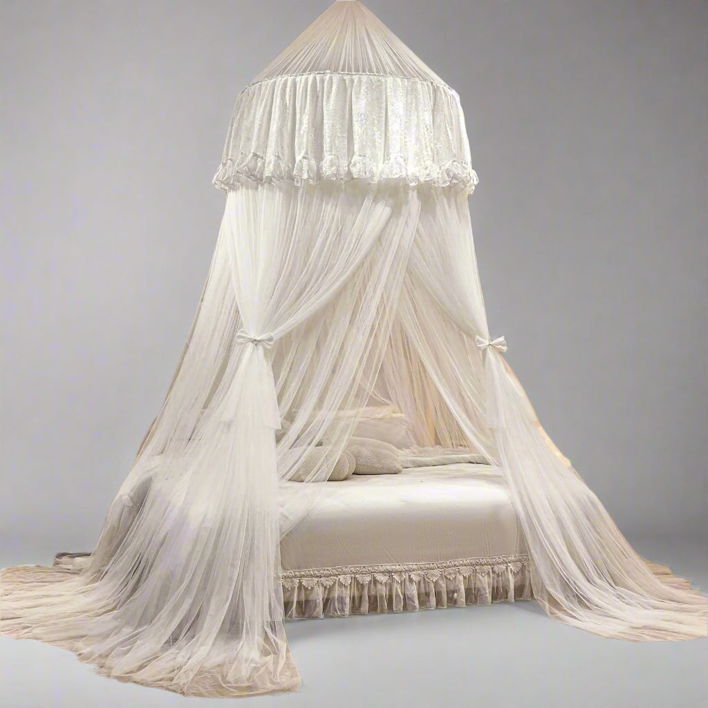 Princess Bed Canopy for Girls – Double Layer Sheer Mesh Dome with Romantic Lace Trim