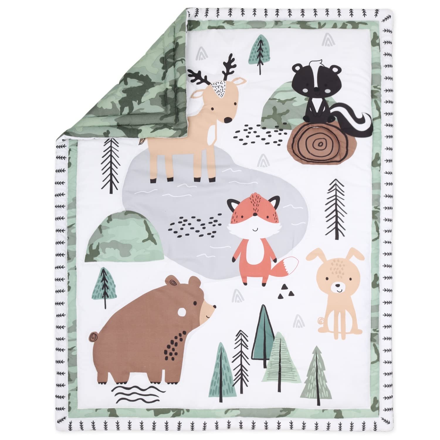 The Peanutshell 3 Piece Baby Crib Bedding Set for Boys - Newborn, Infant & Toddler Nursery Bed Set Decor with Fitted Crib Sheet, Dust Ruffle Comforter - Woodland Camo