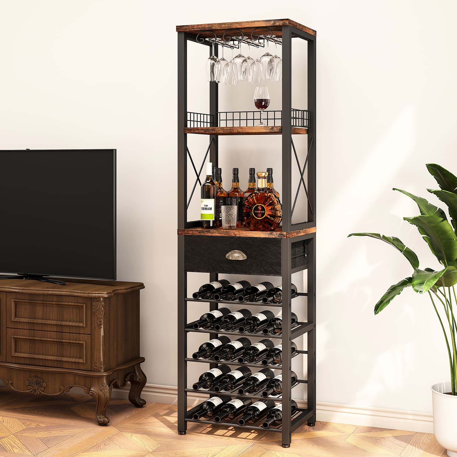 4-Tier Wine Rack with Bar Cabinet & Glass Holder