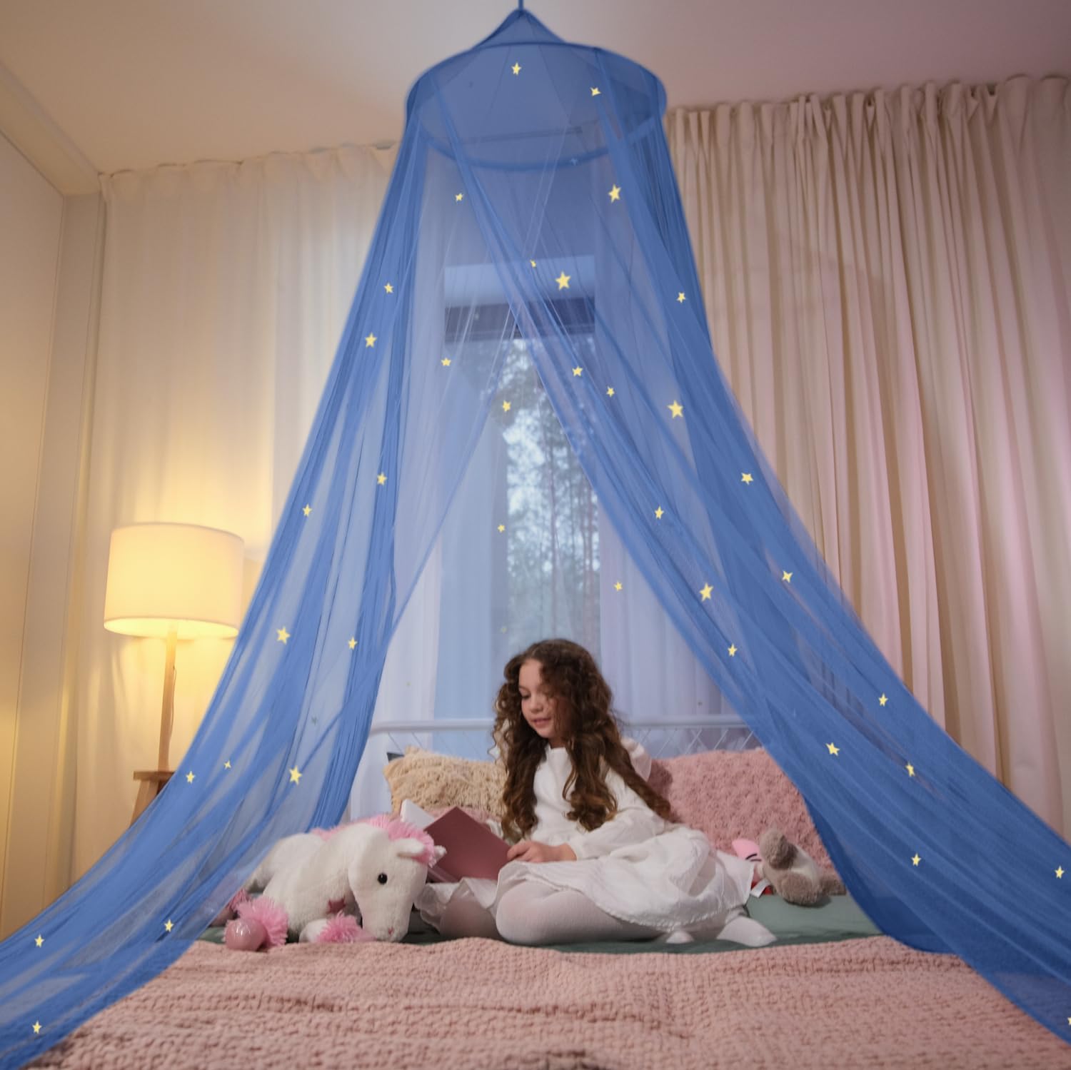 Blue Canopy Bed, Blue Bed Canopy with Glow in The Dark Stars for Girls