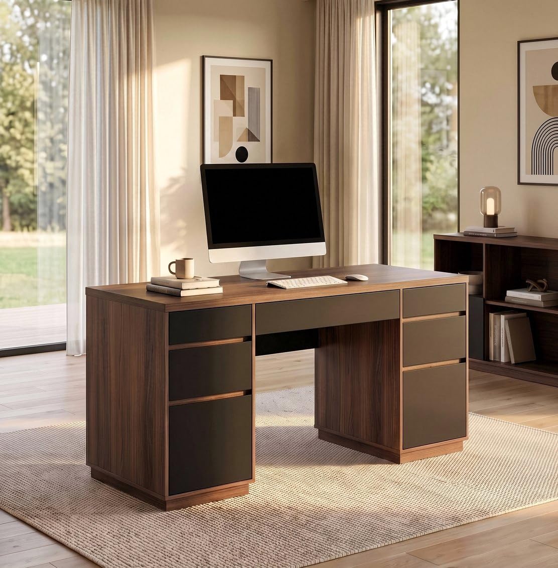 63" Modern Executive Desk with 7 Drawers, Charging Station & Privacy Panel