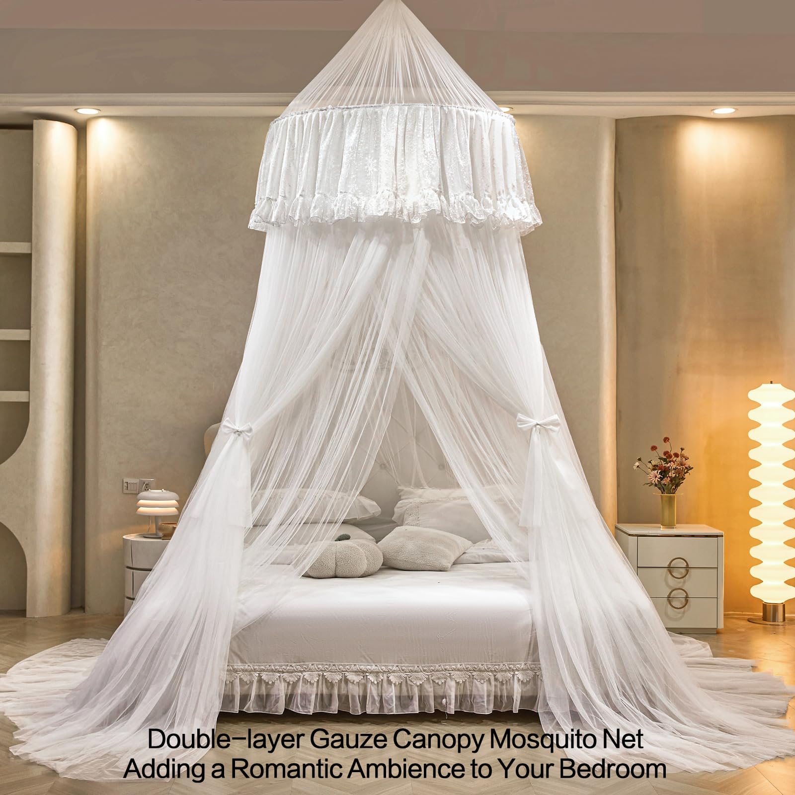 Princess Bed Canopy for Girls – Double Layer Sheer Mesh Dome with Romantic Lace Trim