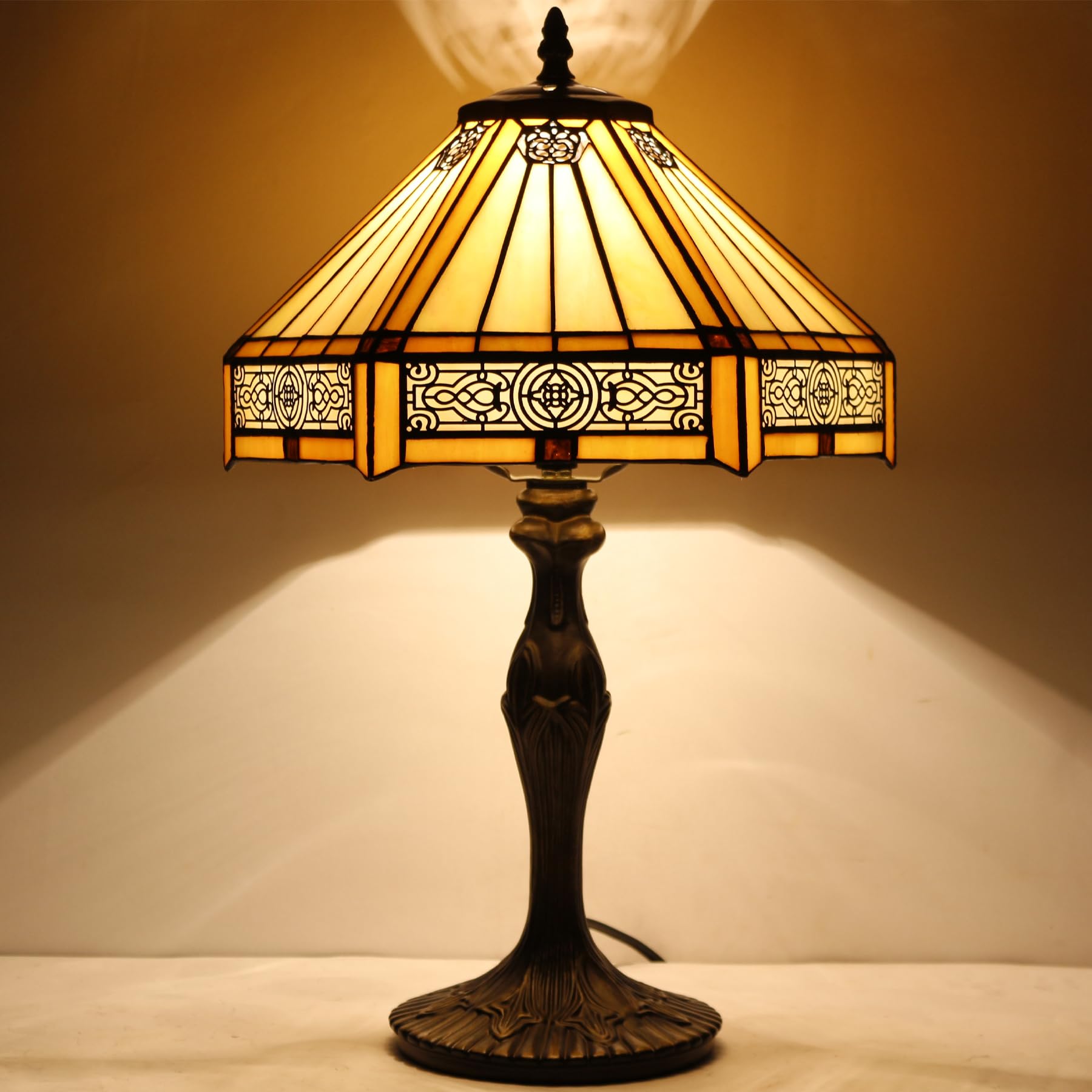 Tiffany Lamp Yellow Hexagon Stained Glass Mission Style Table Lamp Desk Bedside