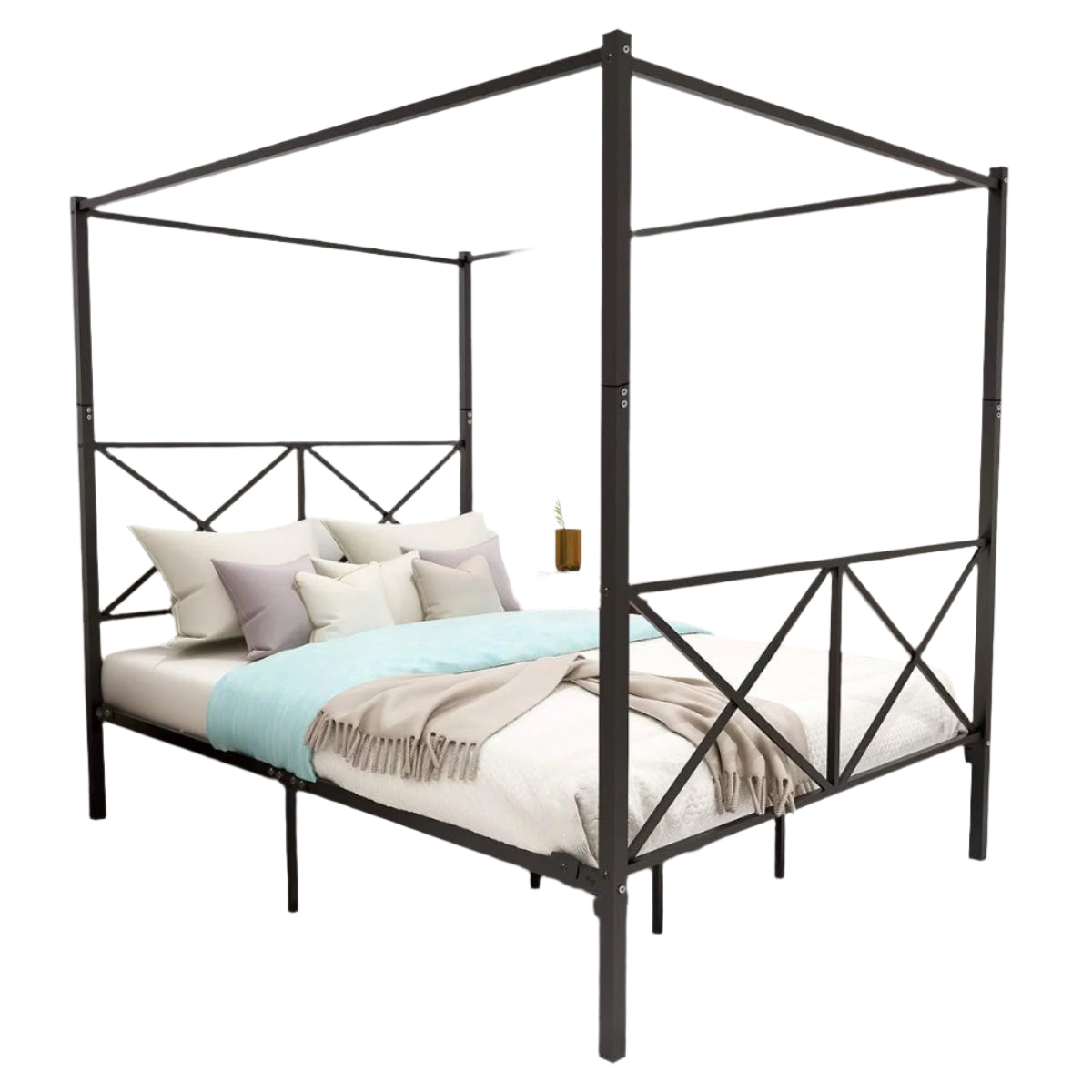 Queen Size Canopy Bed with Tall Velvet Fabric Upholstered Headboard