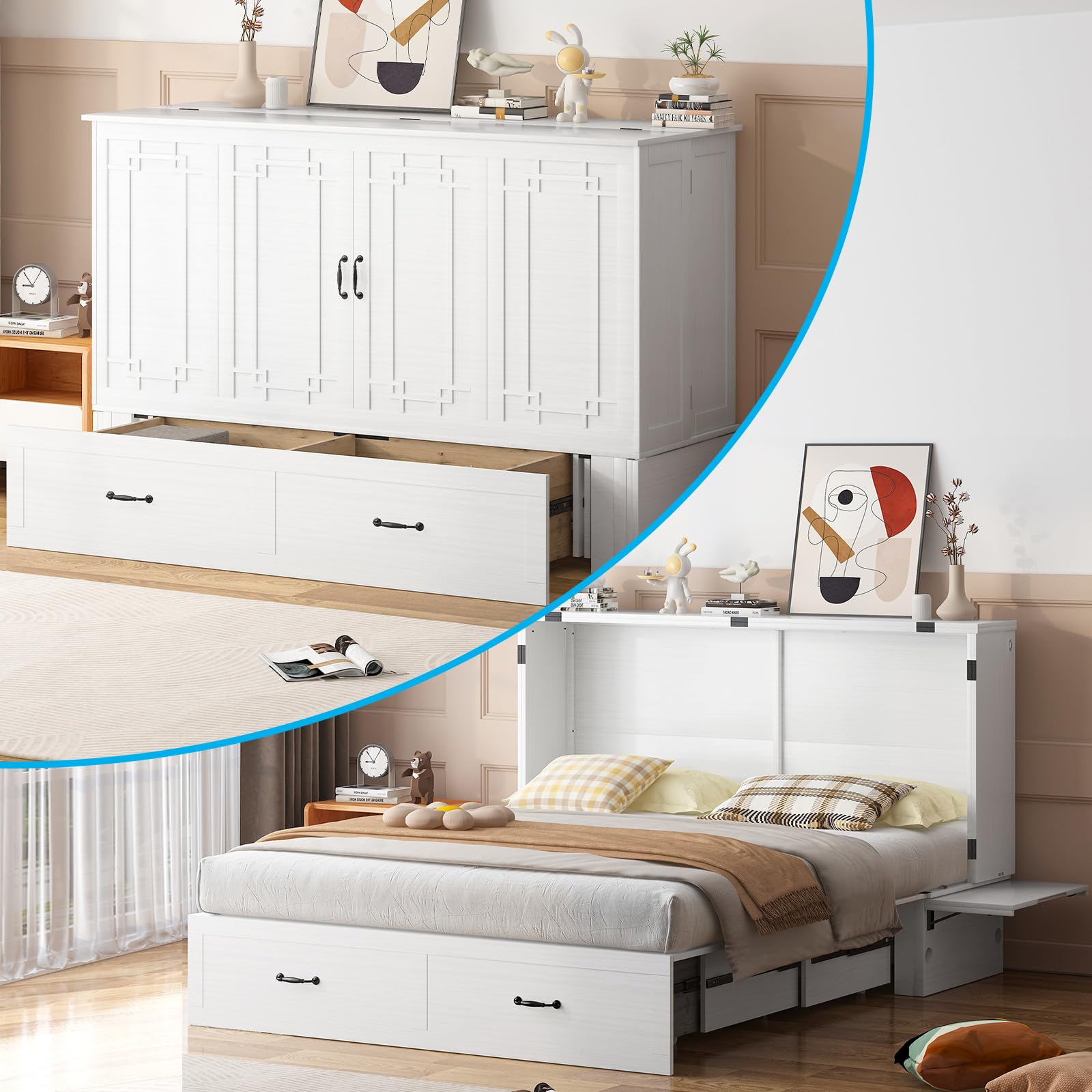 Murphy Bed Queen Size, Cabinet Beds with Mattress, Adult Guest Bed with 2