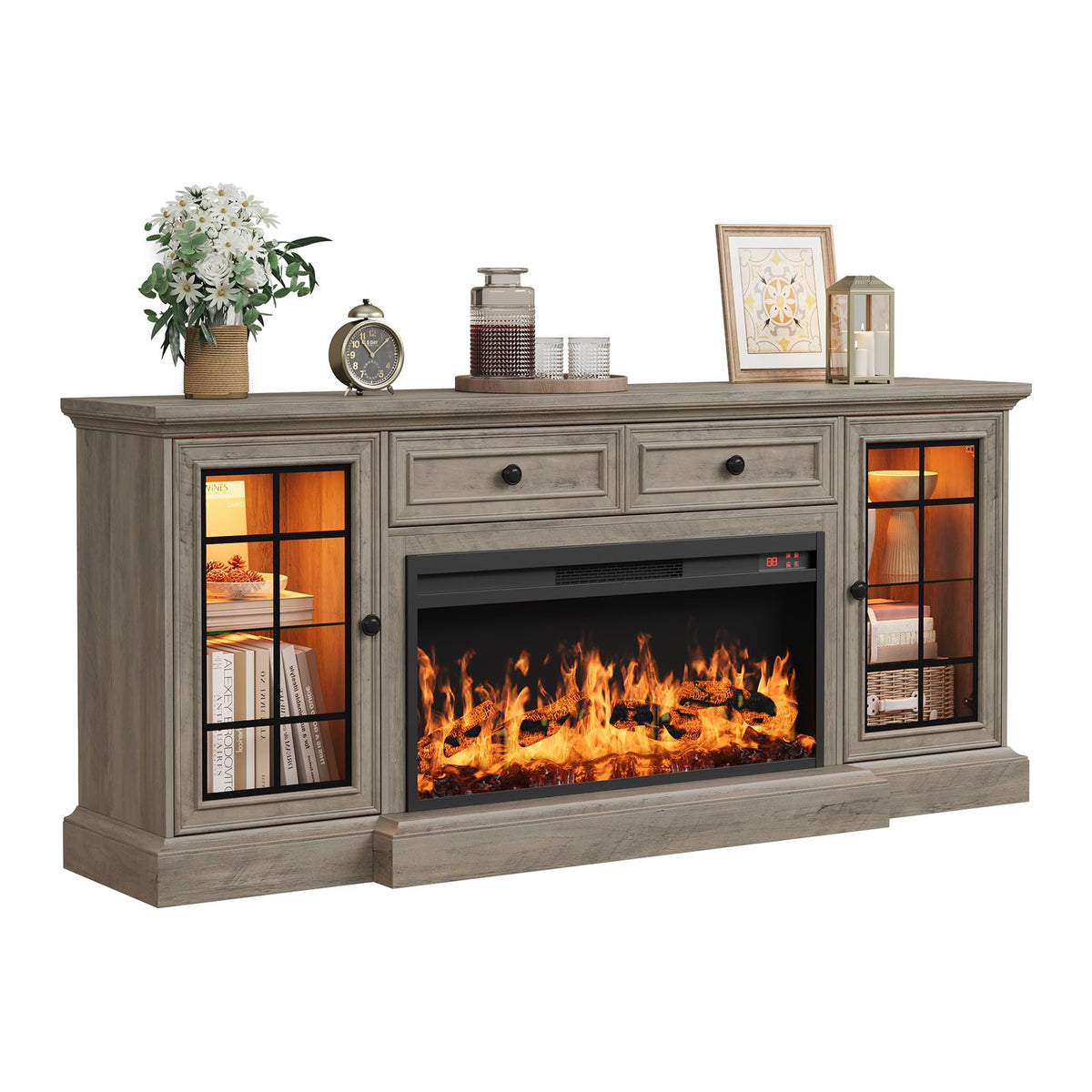 70" Fireplace TV Stand with Electric Fireplace & LED Lights