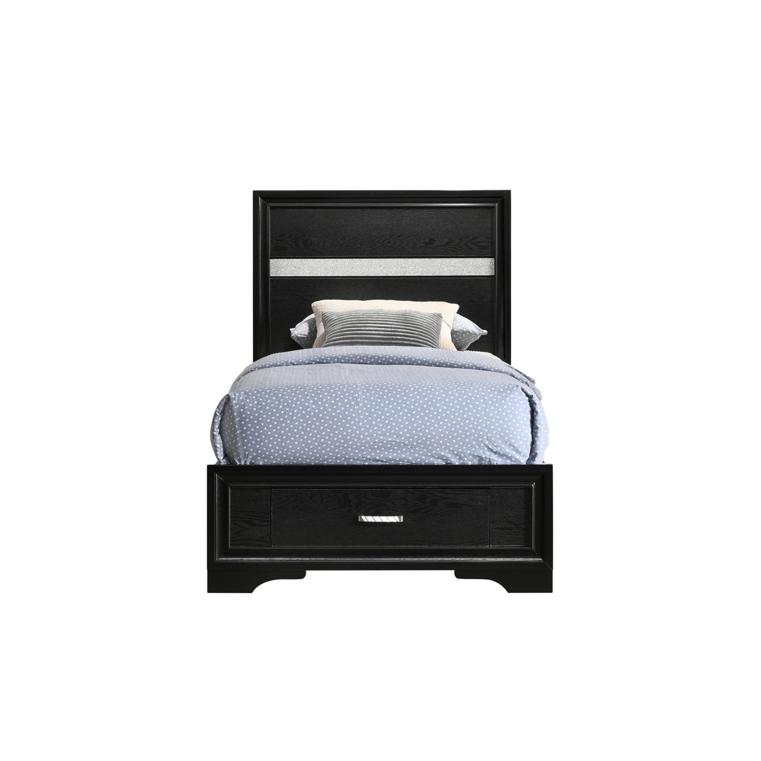 BM302770 Vino Twin Size Panel Bed with 2 Storage Drawers Acrylic Glitter & Black