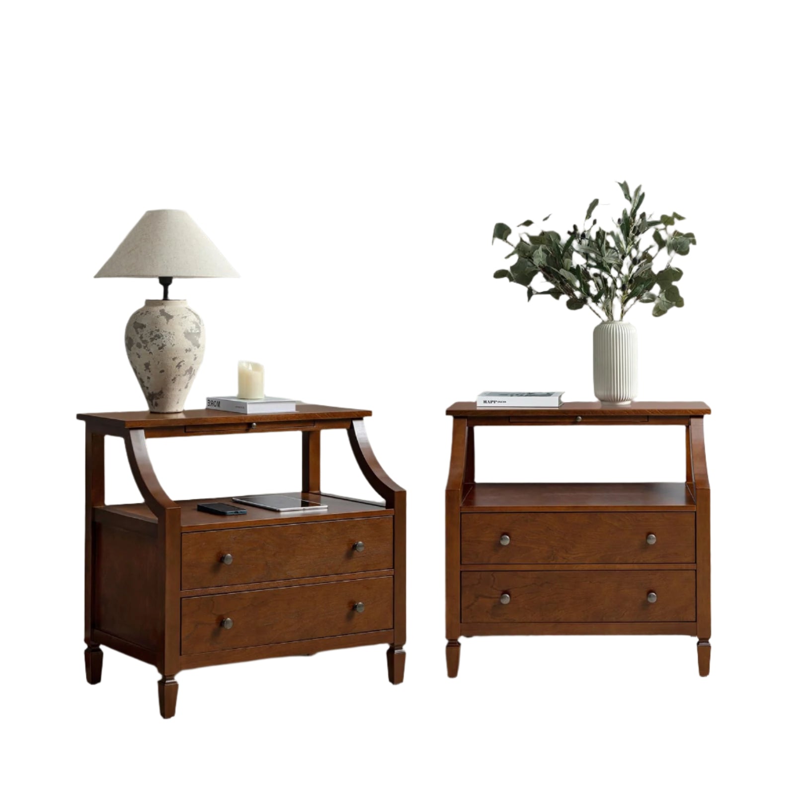 Wood Nightstands Set of 2 with Charging Station, 2-Drawer Dresser with Wooden Legs