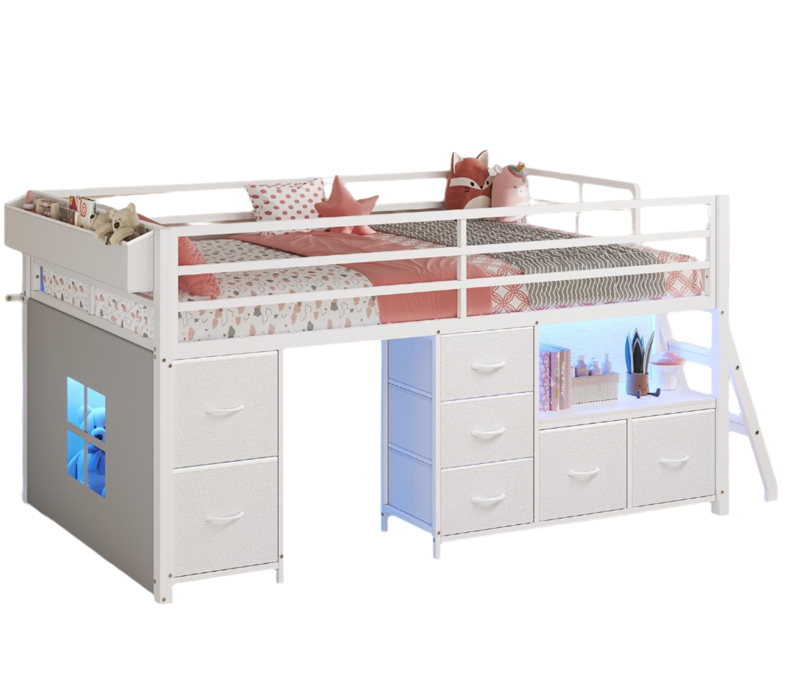 Low Loft Bed Twin Size with 7 Storage Drawers, Bookcase and LED Lights