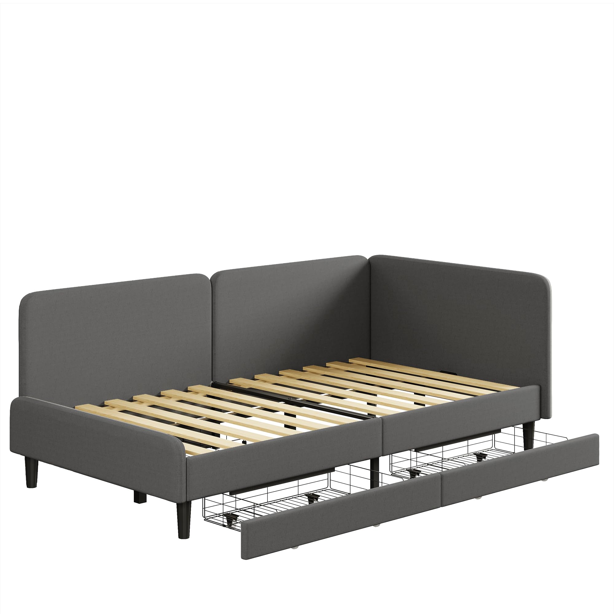Daybed with Headboard, Corner Bed Frame with Bed Rails and Storage