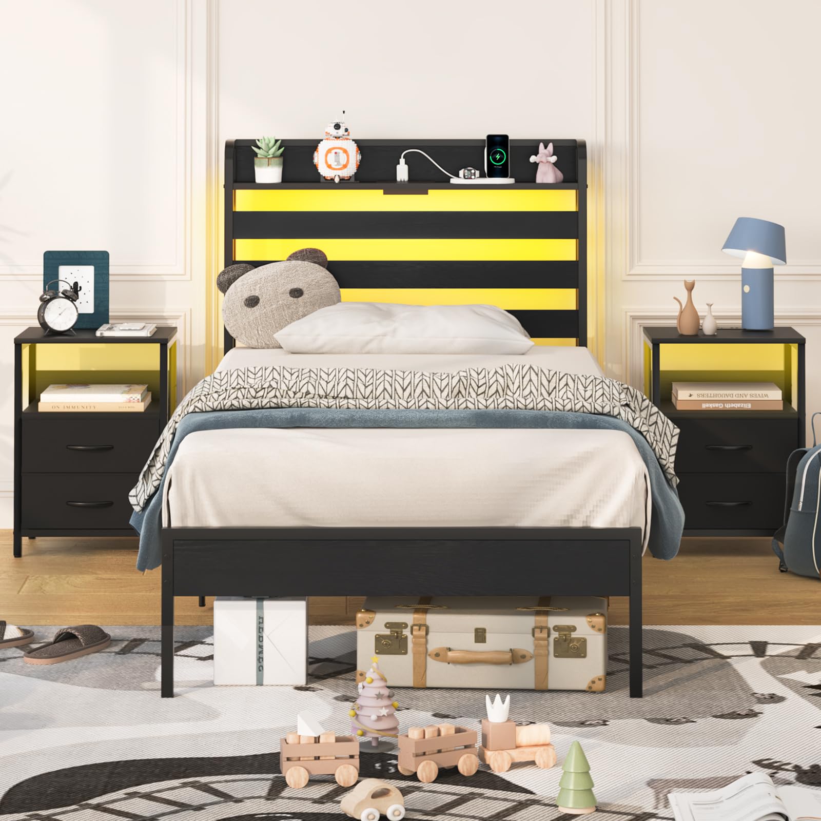 Twin Bed Frames with Storage Headboard, Led Bed Frame with Charging Station