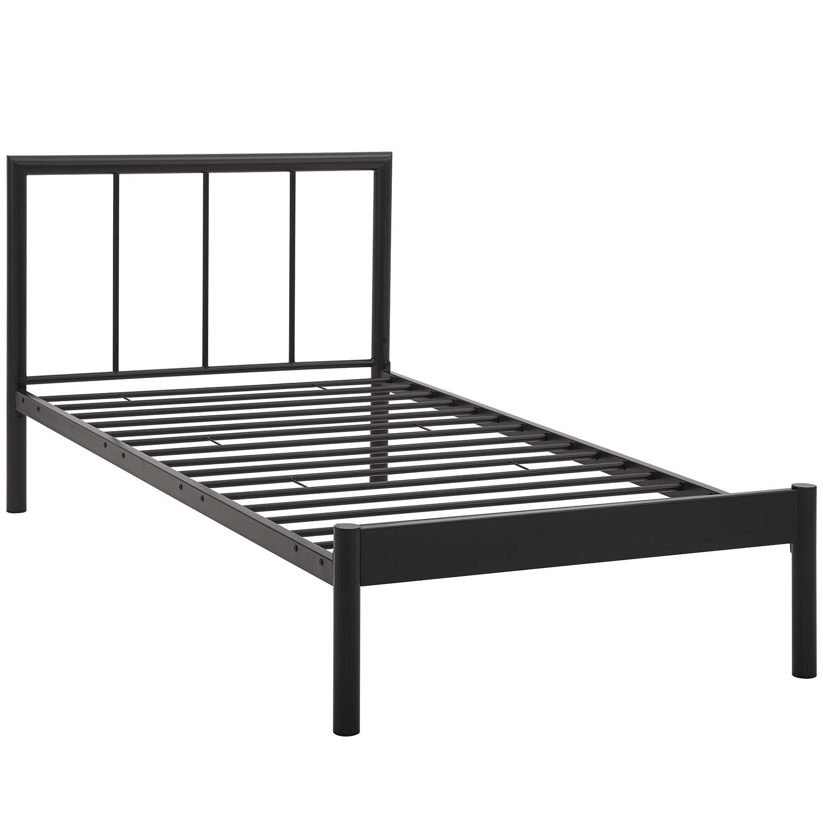 Gwen Steel Metal Farmhouse Platform Twin Bed Frame With Headboard in Brown