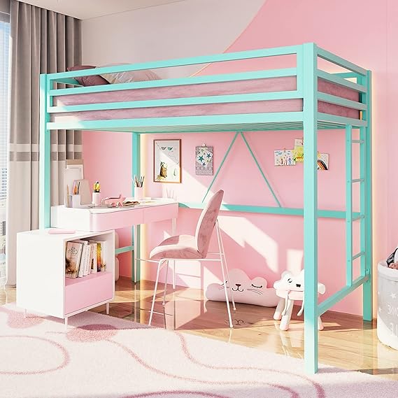 Loft Bed Twin Size with Safety Guardrail and Ladder, No Box Spring