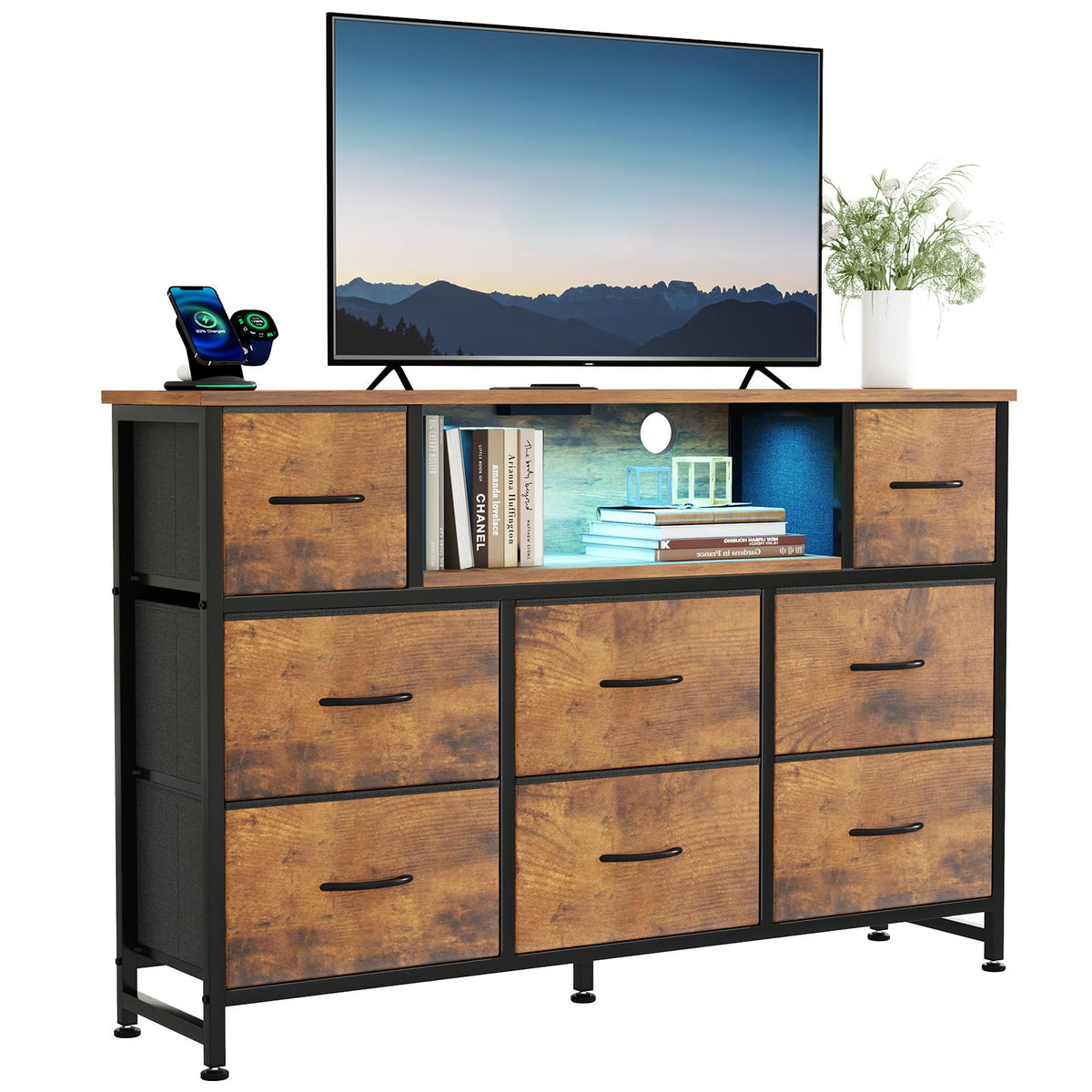 LED TV Stand Dresser with Charging Station & 8 Fabric Drawers