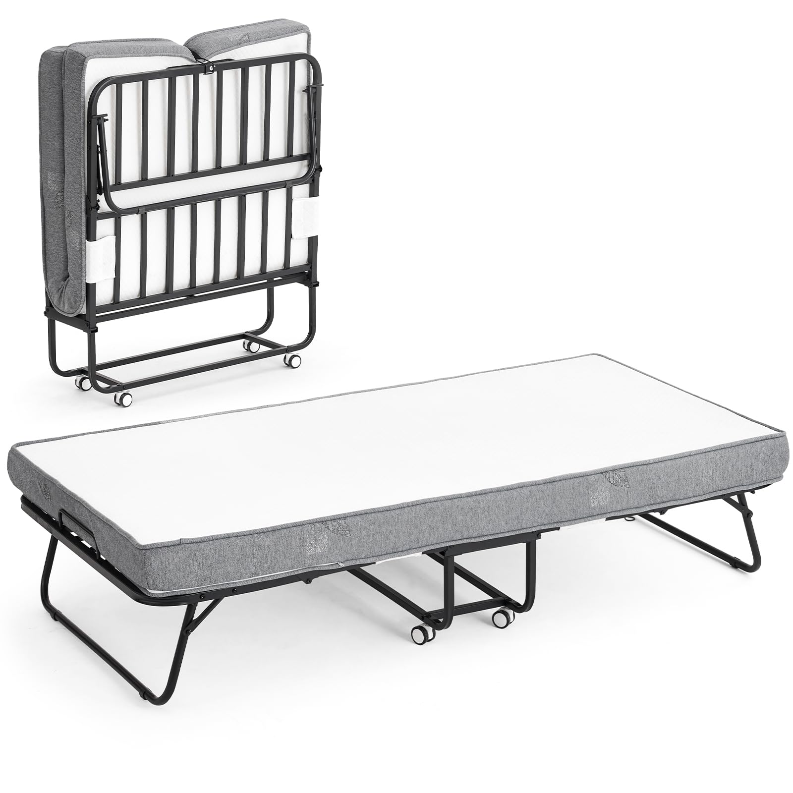 Bed with Mattress, Foldable Portable Bed with 75” x 38" Twin Size Frame
