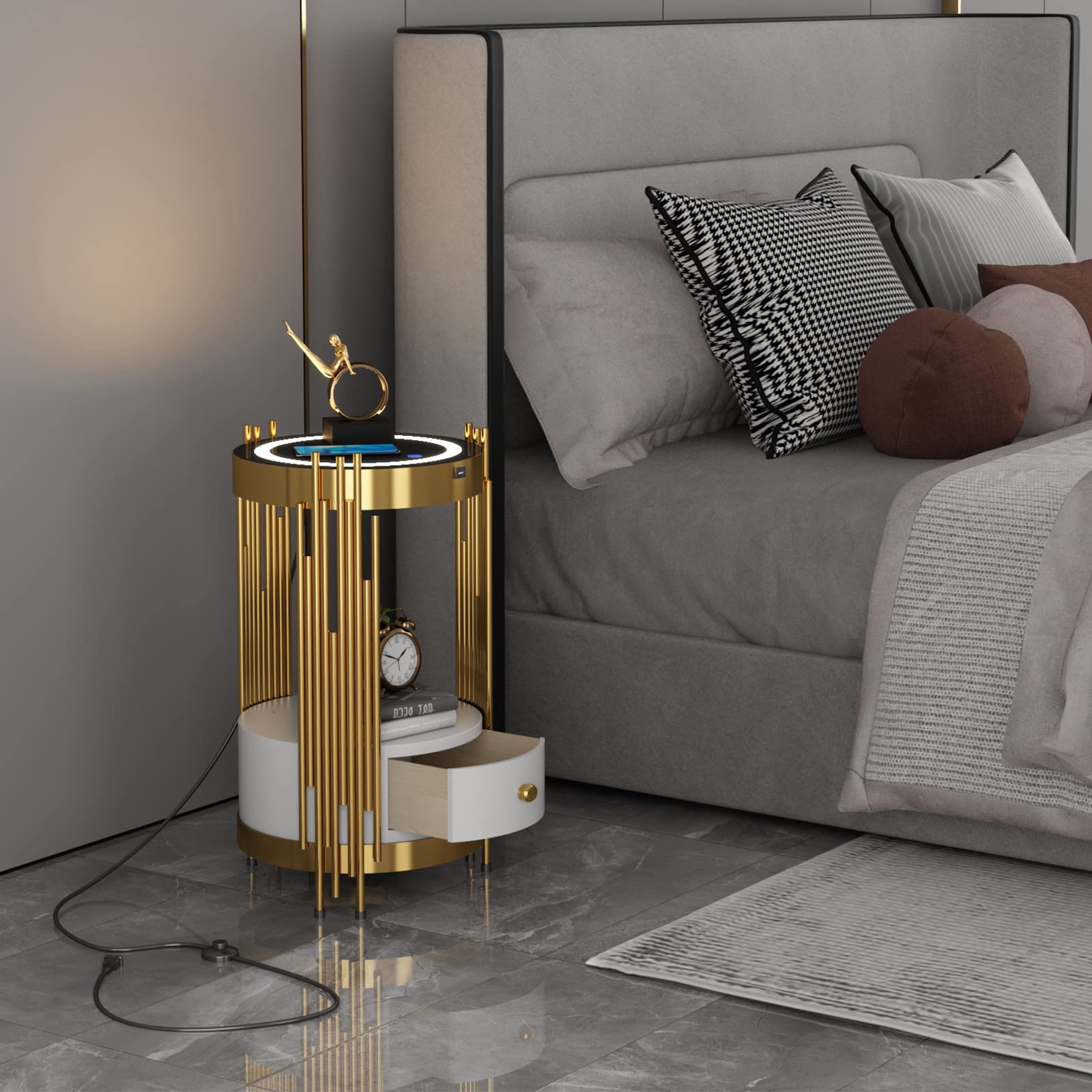 wangpengkai Gold Led Smart Round Nightstand with Drawer,Sofa Narrow End Table with Wireless Charging Station,Small Spaces Coffee Table/Bedside Table/Unique Accent Side Table