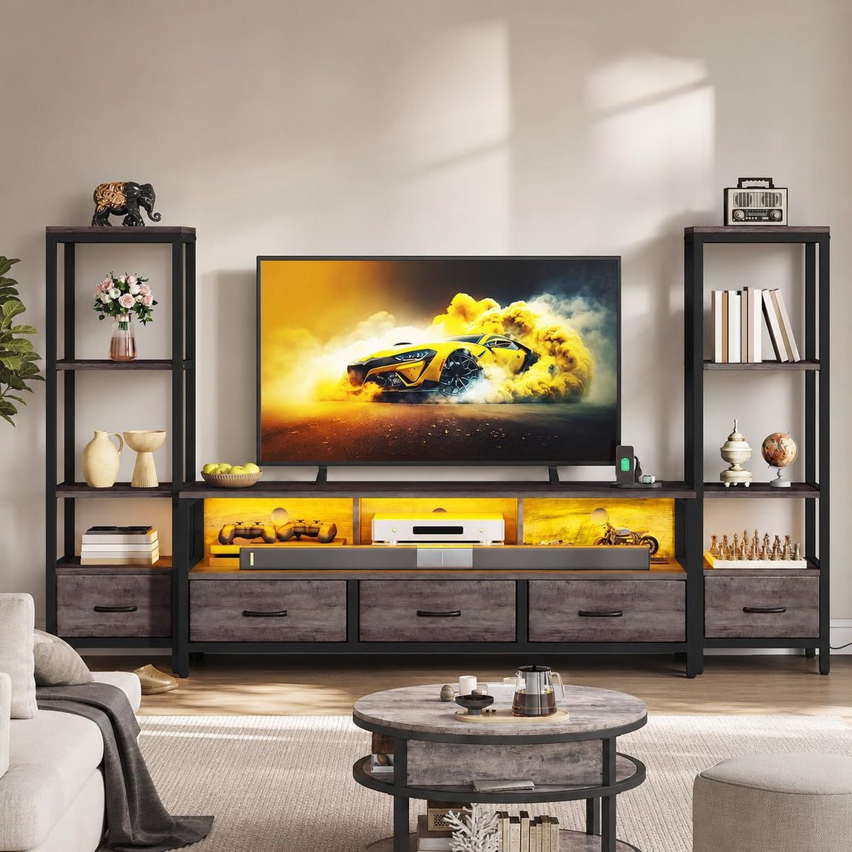 89" Industrial TV Stand with Bookshelves, LED Lighting and Power Outlets