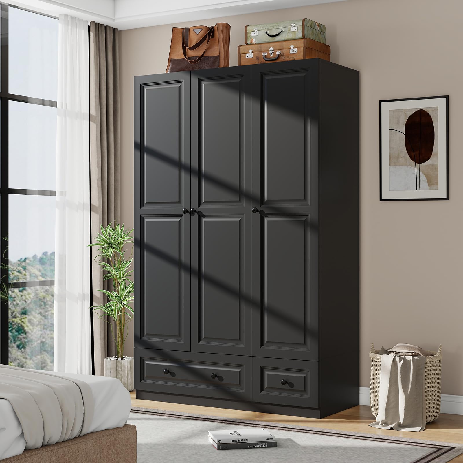 Black Armoire Wardrobe Closet with 2 Drawers: 74" Modern Wood Wardrobe Closet