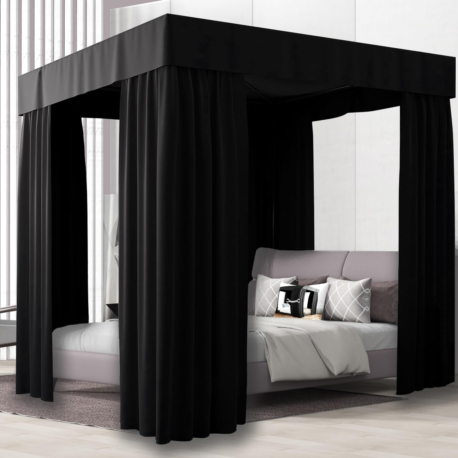 NKM Full Size Black Canopy Bed Curtains,Completely Opaque Blackout Curtains Suitable for Canopy Bed Frames,Adults & Girls Room Decoration