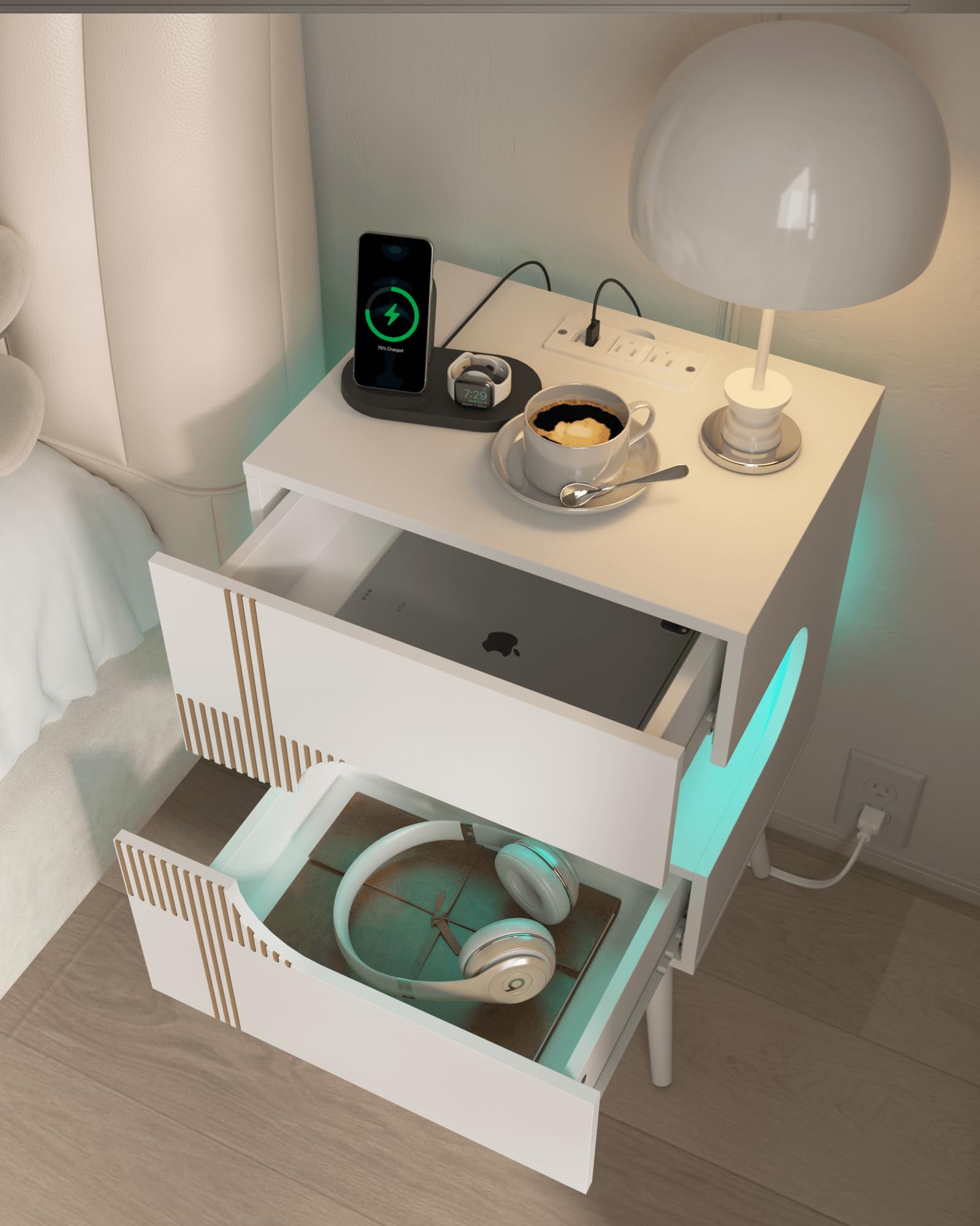 White Nightstand with Charging Station and LED Lights,Modern Bedside Table