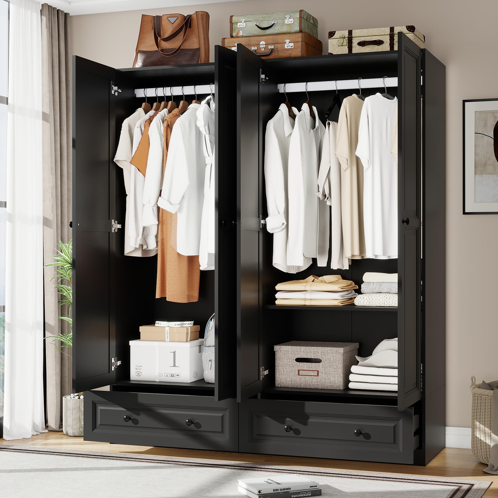 Black Armoire Wardrobe Closet with 2 Drawers: 74" Modern Wood Wardrobe Closet
