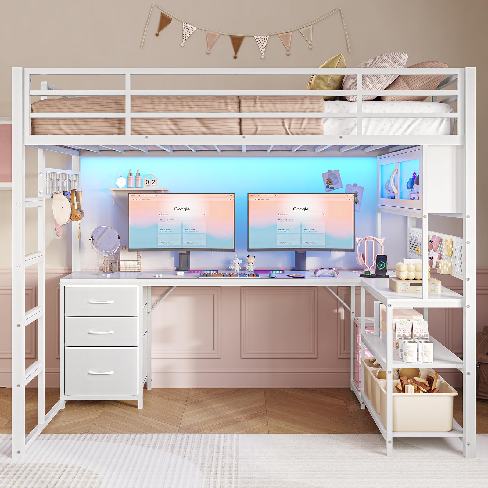 Twin Size Loft Bed with L-Shaped Desk, Storage Drawers & RGB Arcylic Cabineit