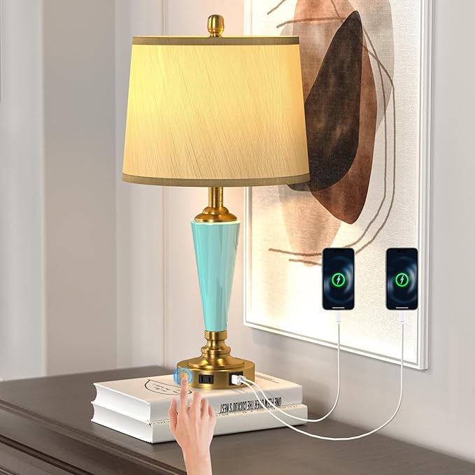 Ceramic Table Lamp with 3 Way Dimmable Touch Lamps - 2 USB Ports & AC Outlet