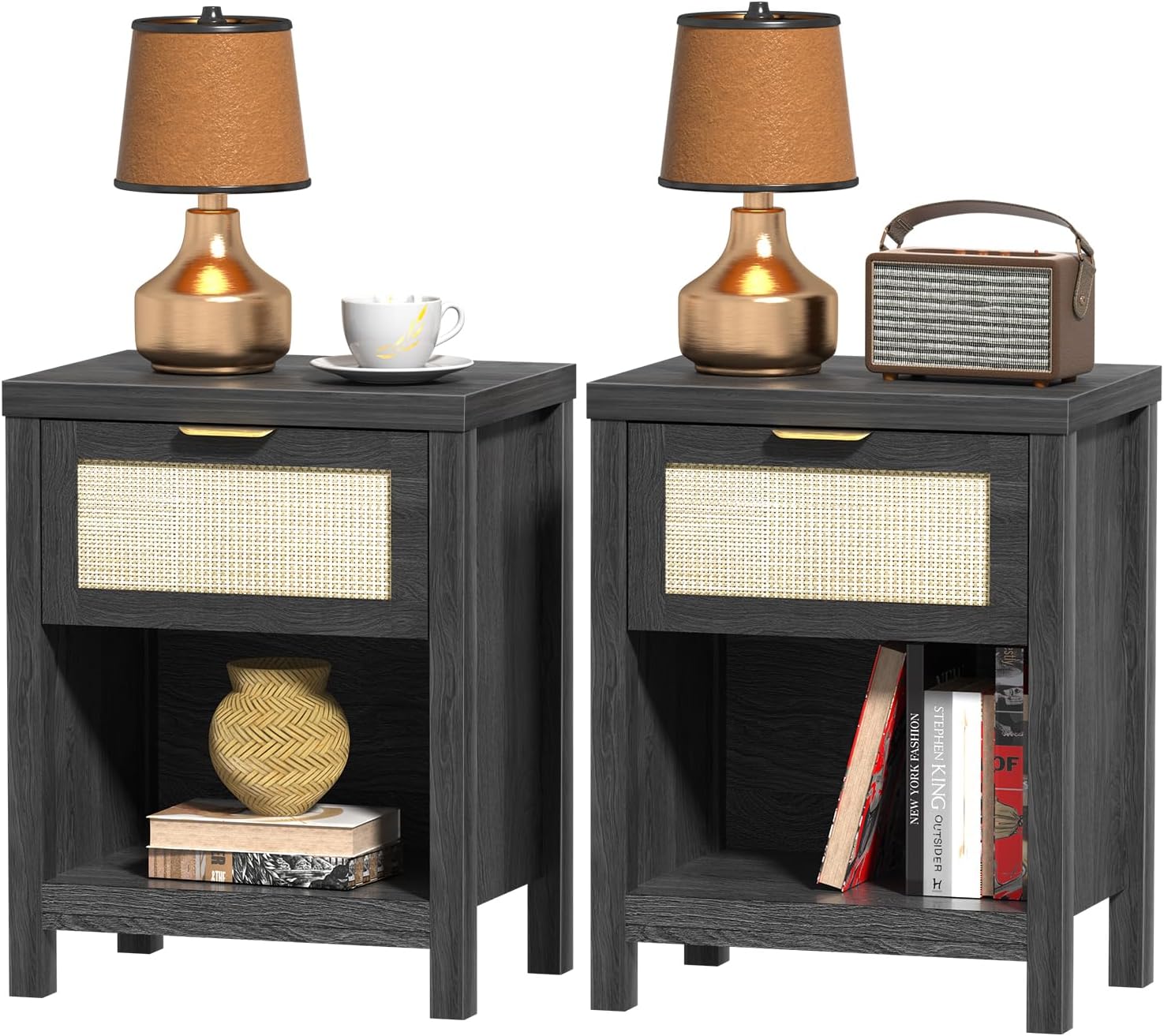 Nightstand Set of 2 Black Night Stand Bedside Table with Drawer
