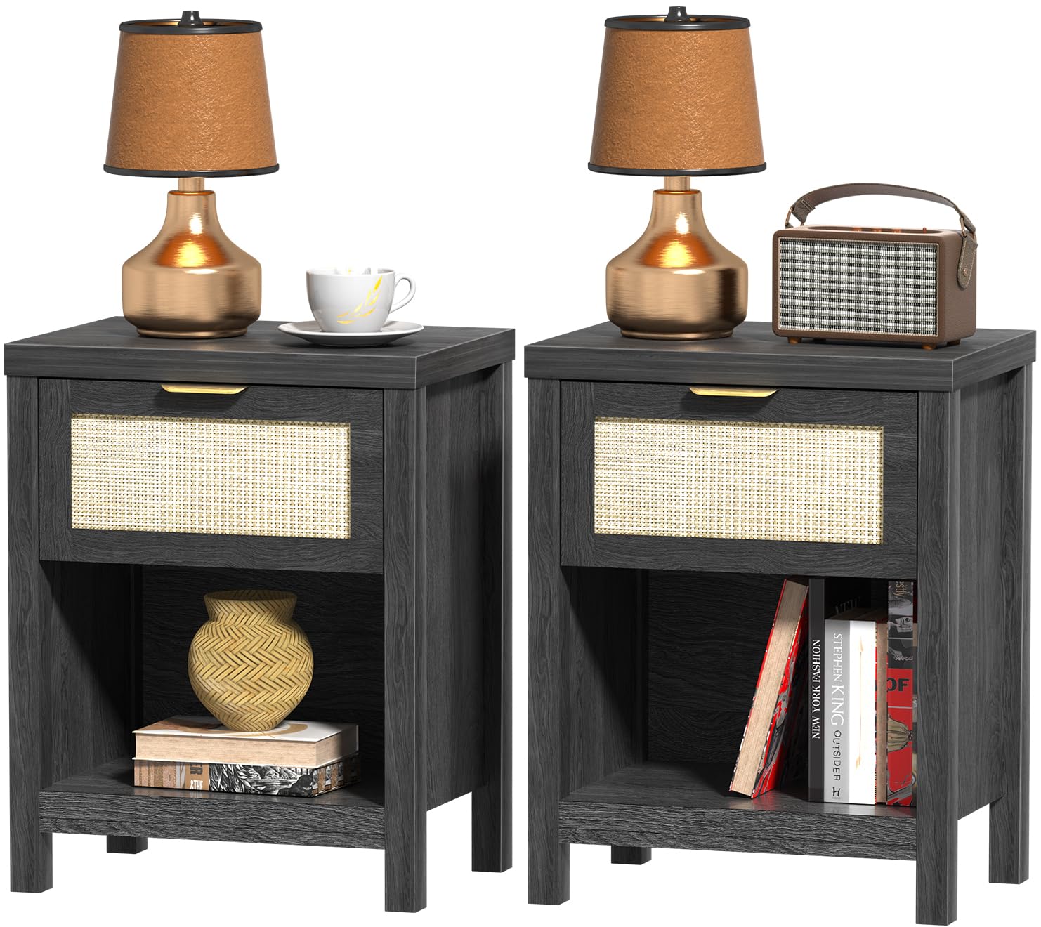 Nightstand Set of 2 Black Night Stand Bedside Table with Drawer