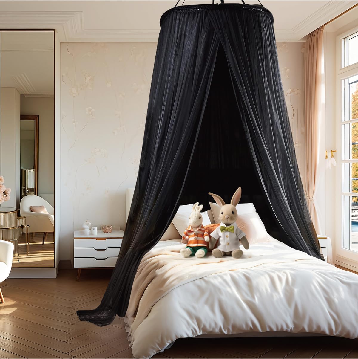 40"x 106" Bed Canopy for Girls & Adults, Double Layer Princess Round Dome Bed Curtain Canopy Drapes, Dreamy Mosquito Net Reading Nook, Bedroom Decoration (Black)