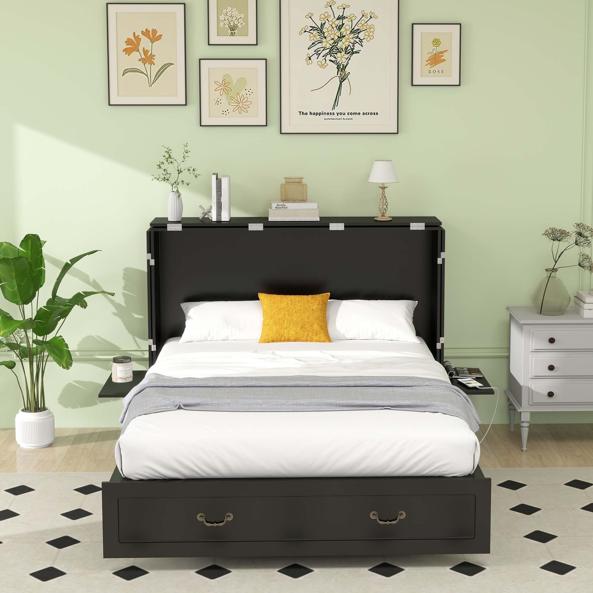 Queen Size Murphy Bed Cabinet with Storage & USB Charging Station