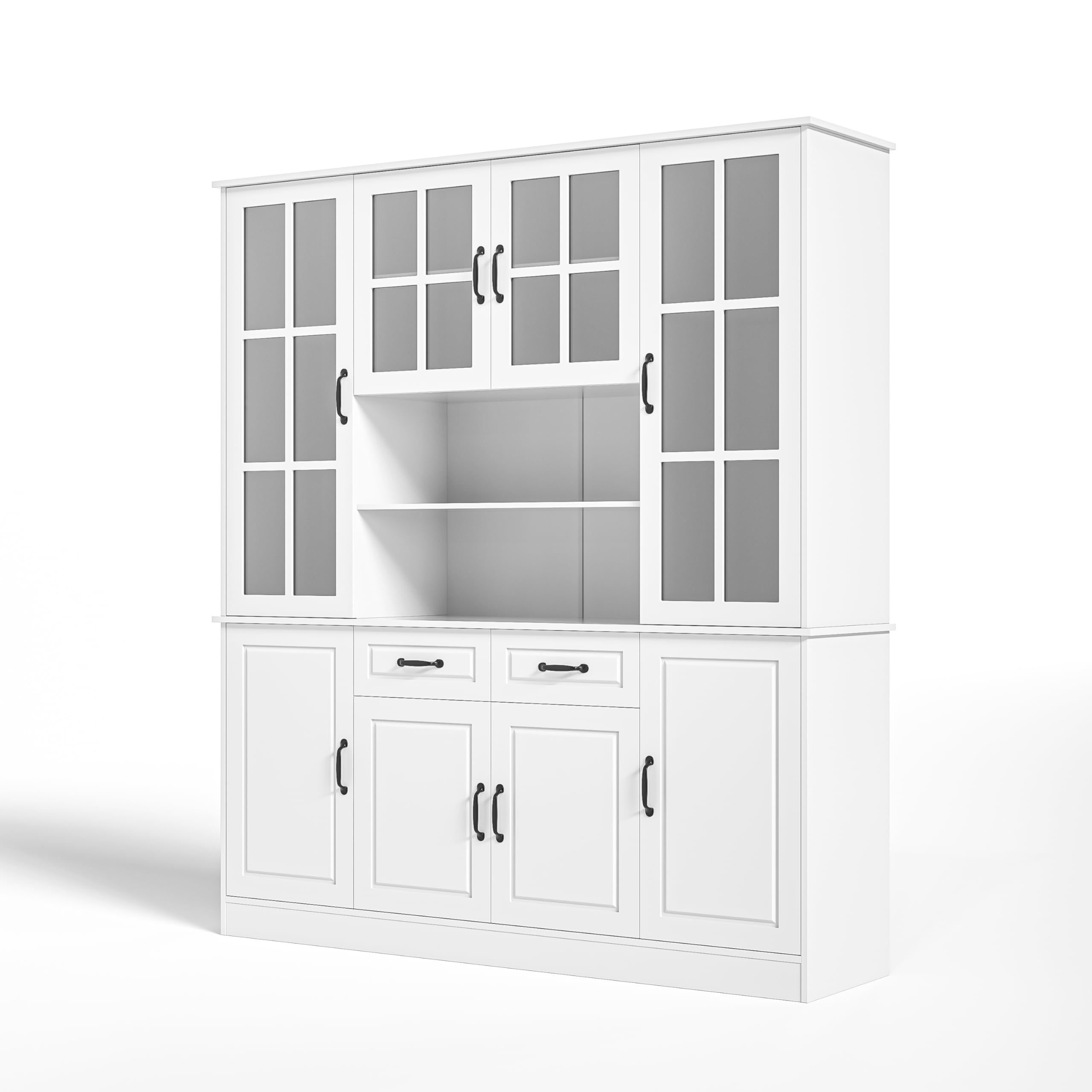 China Hutch Cabinet with Glass Doors, 2 Drawers & 5 Adjustable Shelves