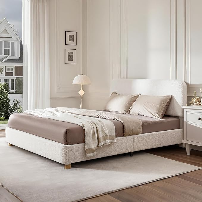 Queen Size Boucle Bed Frame, Upholstered Cloud Bed Frame with Adjustable Headboard