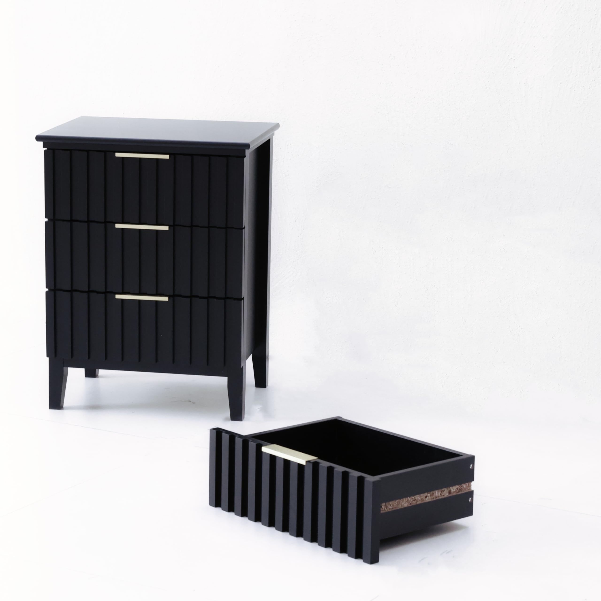 Fluted Nightstands Set of 2, Black Wooden Night Stands with 3 Drawers