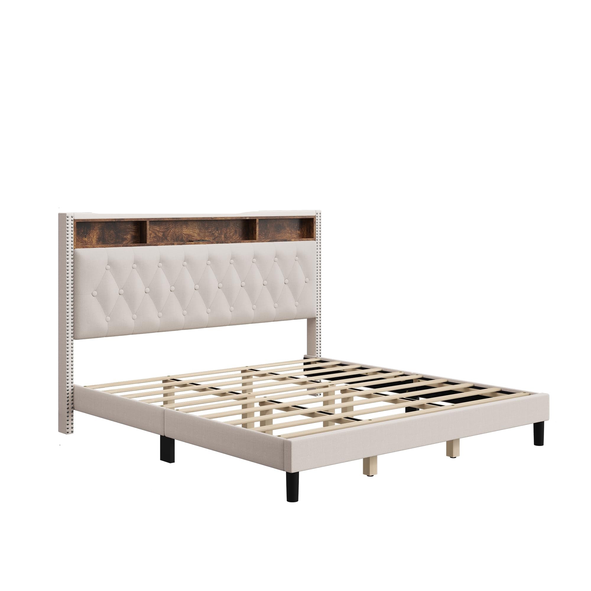 Bed Frame with Upholstered Headboard, Platform Bed Frame with LED Lights