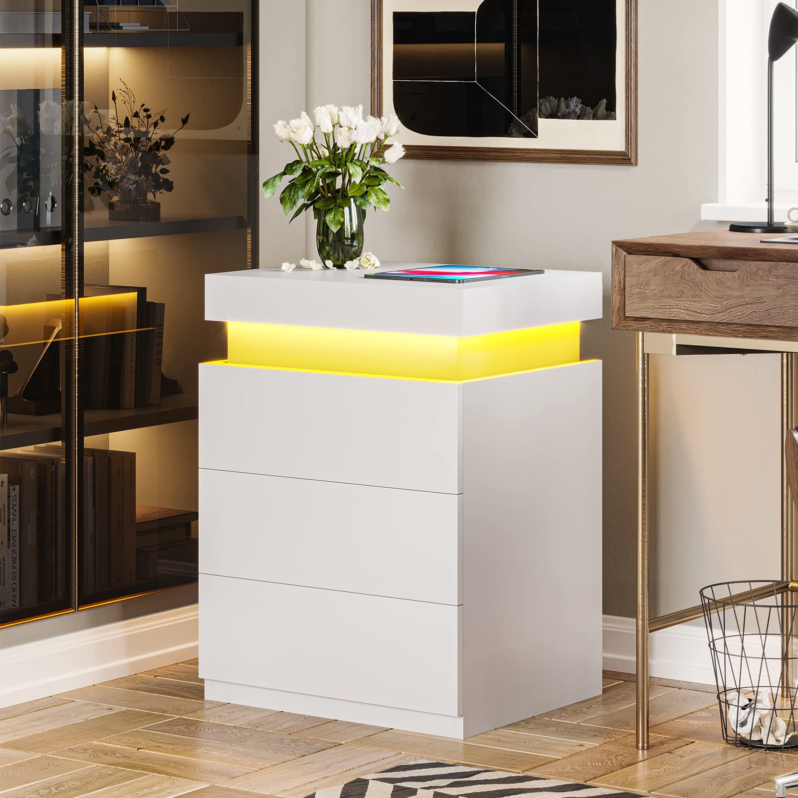 Nightstand with Charging Station and LED Lights