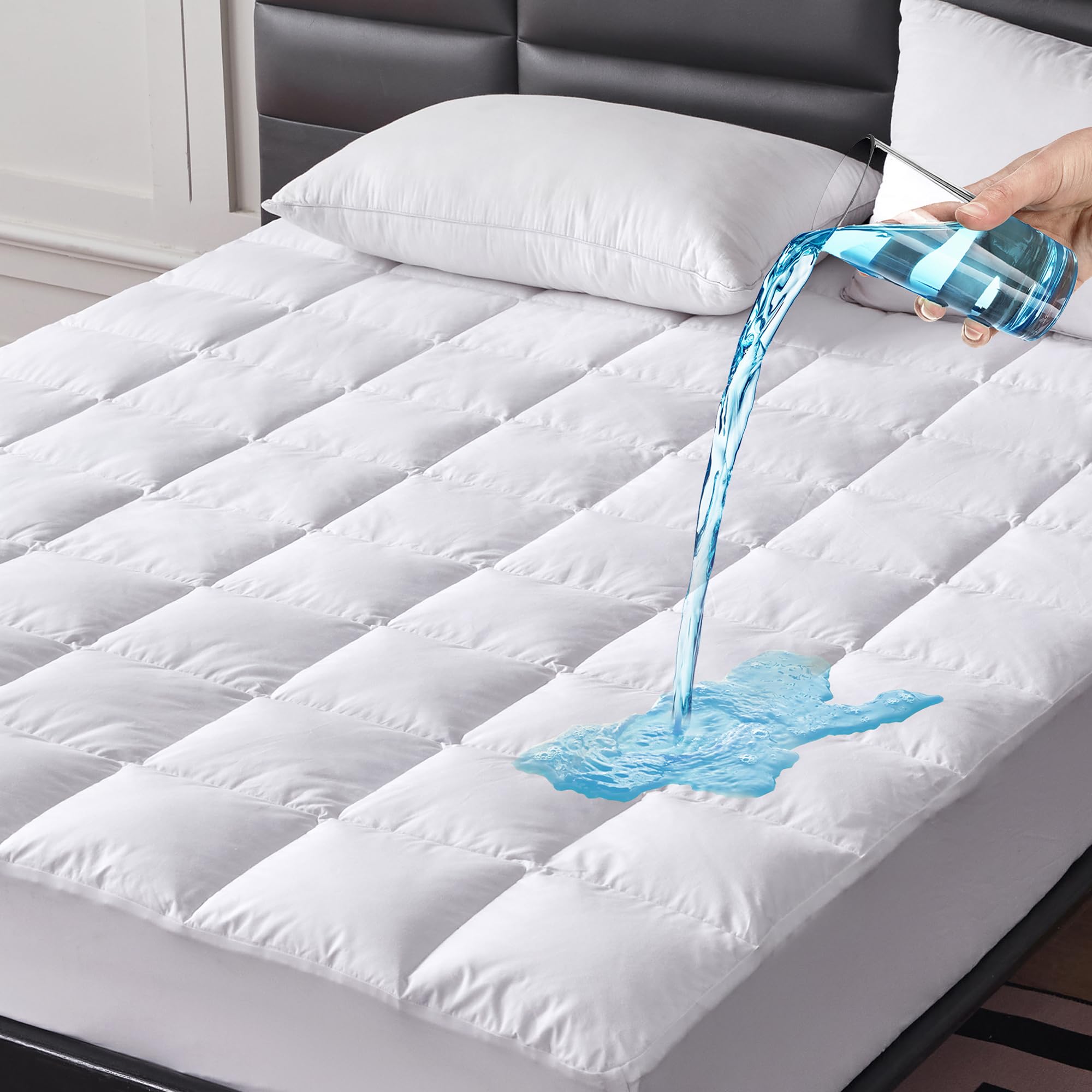 Goose Feathers Down Mattress Pad, Quilted King Size Mattress Protector Waterproof